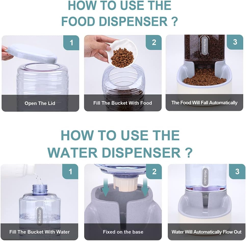 Automatic Dog Cat Feeder and Water Dispenser Set,Waterer and Gravity Food Feeder for Small & Medium Dogs Cats Puppies,Large Capacity 1 Gallon X 2 (Grey)