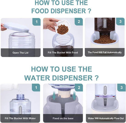 Automatic Dog Cat Feeder and Water Dispenser Set,Waterer and Gravity Food Feeder for Small & Medium Dogs Cats Puppies,Large Capacity 1 Gallon X 2 (Grey)